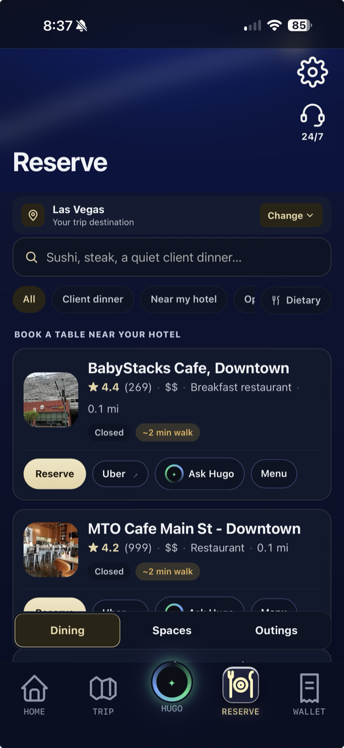 Reserve dining — Las Vegas restaurants with Reserve, Uber, Ask Hugo, and Menu buttons on each card