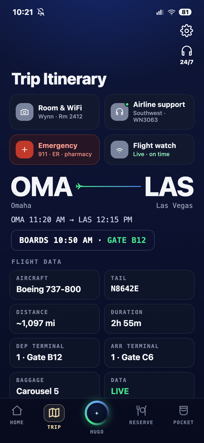 TickKet flight detail — Omaha to Las Vegas on Southwest WN3063 with aircraft, tail number, gates, terminals, baggage carousel and live status