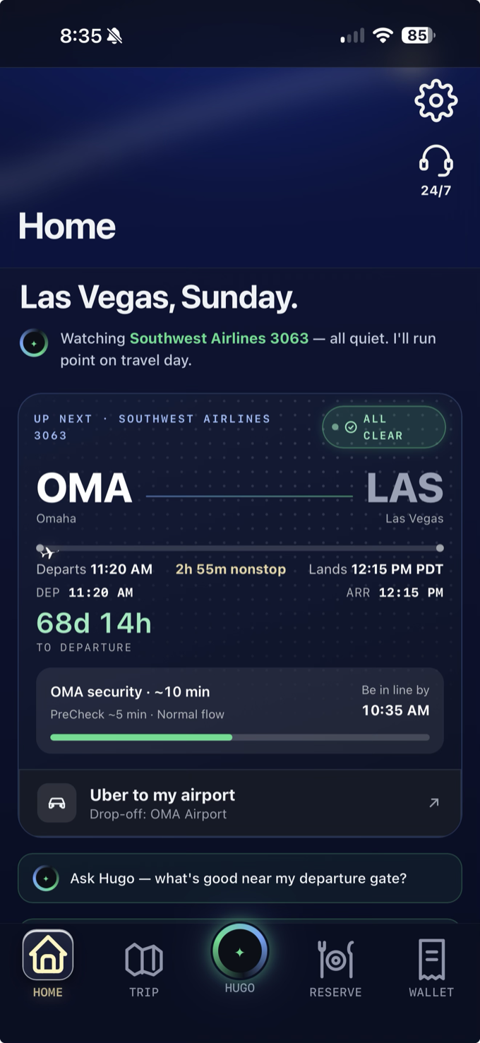 TickKet home screen — Las Vegas trip with departure countdown, Hugo watching Southwest Airlines 3063, security wait, and an Uber to the airport