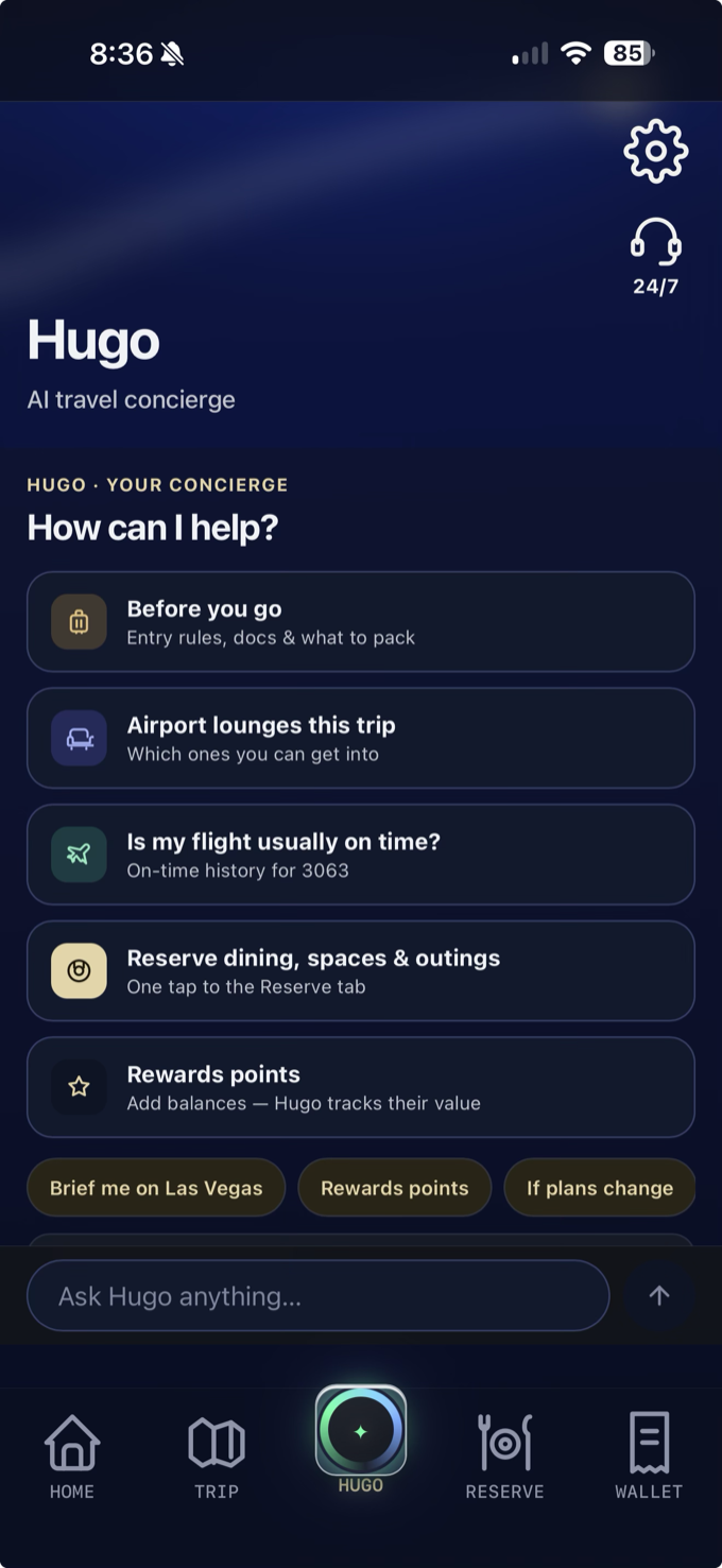 Hugo tab — starter cards for before-you-go prep, airport lounges, flight punctuality, reservations, and rewards points