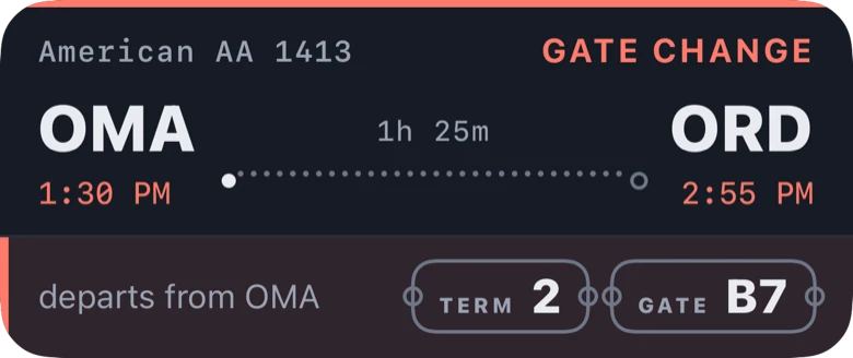 The same Live Activity on a gate change: American AA 1413 marked gate change, now departing Terminal 2, gate B7