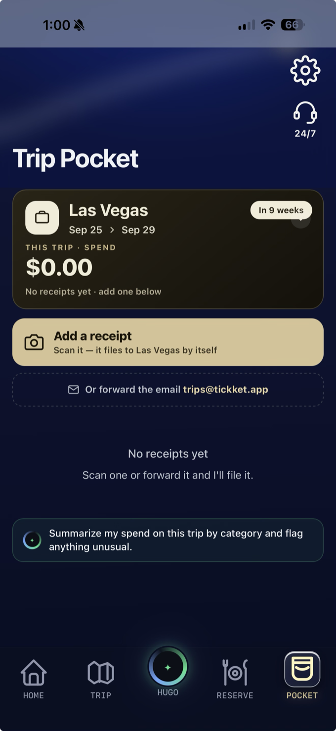 Trip Pocket — Las Vegas trip with one Add a receipt button, a forward-the-email row, and Hugo offering to summarise the trip's spend