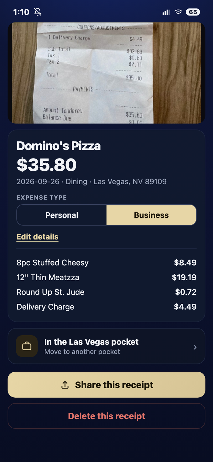 A scanned Domino's Pizza receipt in TickKet — $35.80, itemised, tagged Business, filed to the Las Vegas pocket, with the original photo attached