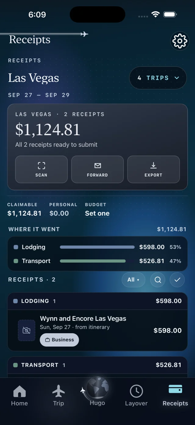 A TickKet trip pocket for Las Vegas holding two receipts totalling $1,124.81, split $598 lodging and $526.81 transport, with Scan, Forward and Export, and each receipt tagged Business
