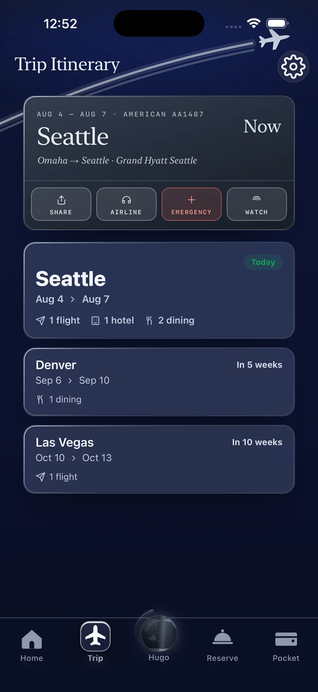 TickKet trip board — American AA1487 from Omaha to Seattle with the Grand Hyatt Seattle, Aug 2–Aug 4, above upcoming Denver and Las Vegas trips