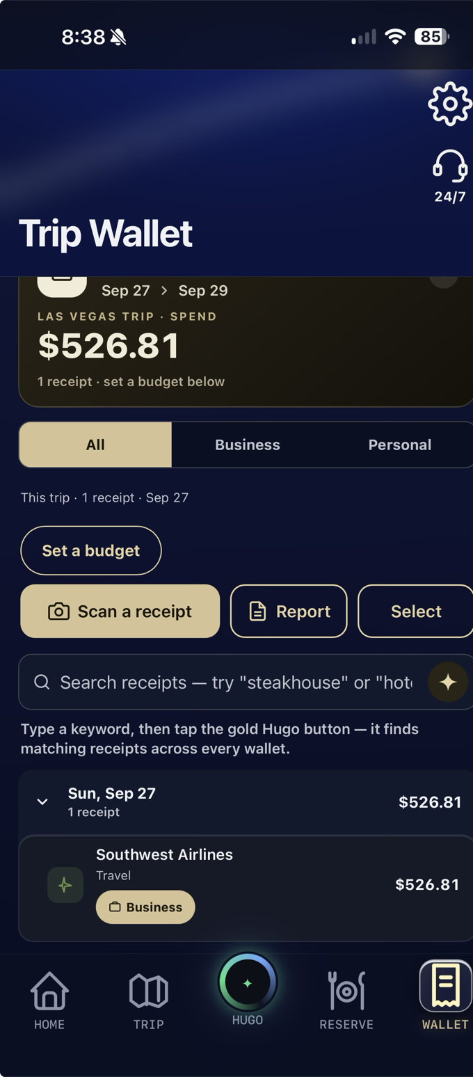 Trip Wallet — Las Vegas trip with $526.81 tracked, business and personal tabs, budget, scan and report buttons, and a Southwest Airlines receipt